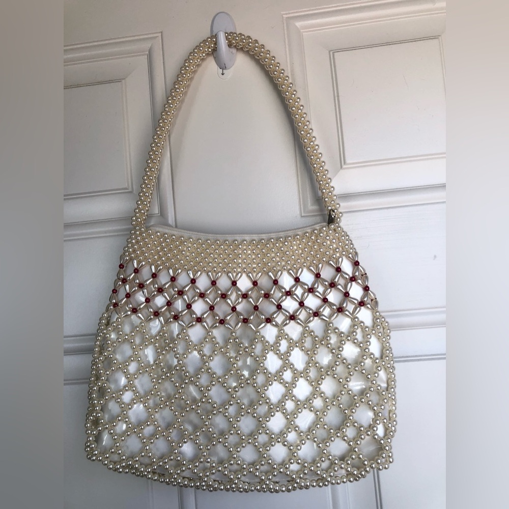 Cream and red custom beaded handbag